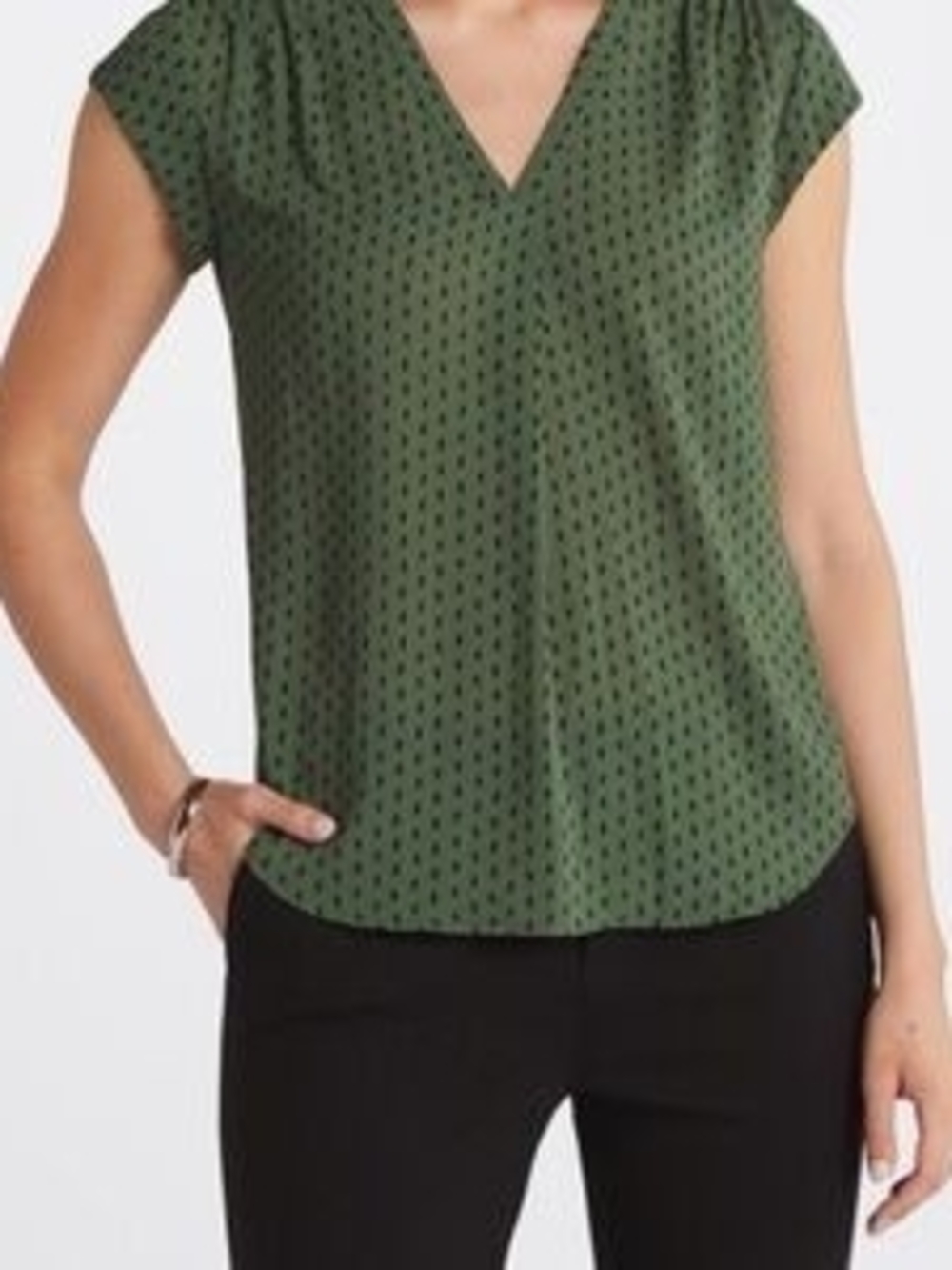 fun 2 fun Olive Green Dot V-Neck Cap Sleeve Blouse